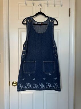 American Vintage Dark Blue Denim Mini Pinafore Dress with White Embroidery